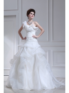 Princess One Shoulder Court Train Wedding Dress with Pick-ups and Ruching