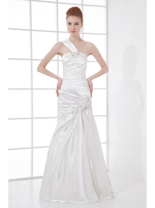 Simple Column One Shoulder Taffeta Ruching Beading White Wedding Dress