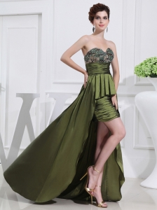 Sweetheart High-low Beading,Ruching Taffeta Olive Green Prom Dress