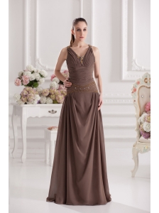 A-line Sweetheart Floor-length Beading Ruching Brown Prom Dress 1
