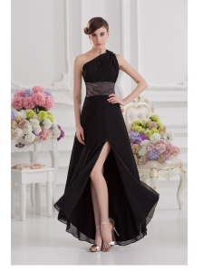 Empire One Shoulder Black Prom Dress with Beading and High Slit