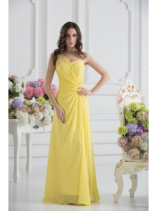 Empire One Shoulder Yellow Chiffon with Beading and Ruching Prom Dress