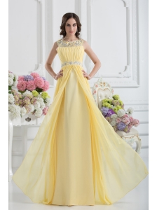 Empire Scoop Beading Ruching Light Yellow Prom Dress