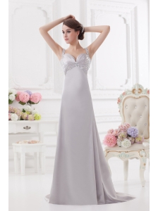 Light Grey Straps Column Prom Dress with Beading and Ruching