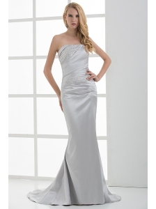 Mermaid Strapless Beading and Ruching Brush Train White Prom Dress