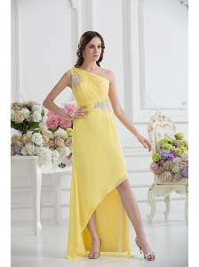 One Shoulder Empire Yellow High-low Prom Dress with Appliques