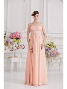 Peach Empire Strapless Prom Dress with Ruching and Beading
