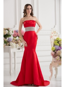 Red Mermaid Strapless Court Train Belt and Ruching Prom Dress