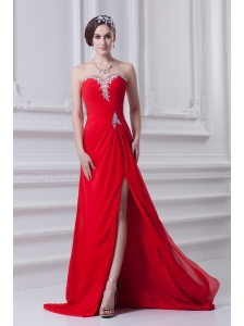 Red Sweetheart High Slit and Beading Prom Dress with Brush Train
