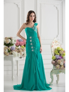 Turquoise One Shoulder Beading and Ruching Prom Dress with Brush Train