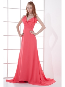 Watermelon Red Empire V-neck Court Train Ruching Prom Dress