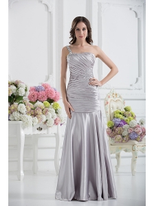 A-line One Shoulder Satin Beading and Ruching Prom Dress in Sliver