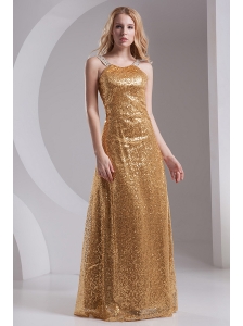 Column Straps Sequins Beading and Sequins Prom Dress in Gold