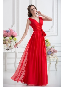 Empire V-neck Ruching Sashes Chiffon Prom Dress with Wine Red