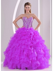 2013 Winter Sweetheart Ruffles and Beading Long Puffy Quinceanera Dresses in Fuchsia