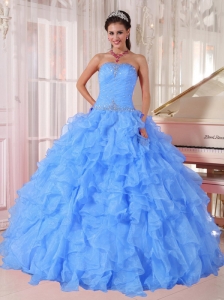 Ball Gown Strapless Ruffles and Beading Floor-length Organza Beading Blue Puffy Quinceanera Dresses