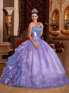 Ball Gown Strapless Ruffles Organza Embroidery Lavender Puffy Quinceanera Dresses
