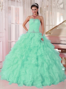 Discount Aqua Blue Ball Gown Strapless Ruching Organza Beading Pretty Quinceanera Dresses