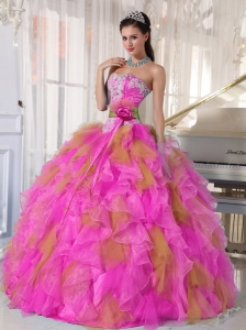 Ball Gown Sweetheart Appliques and Riffles with-flower Multi-color Pretty Quinceanera Dresses