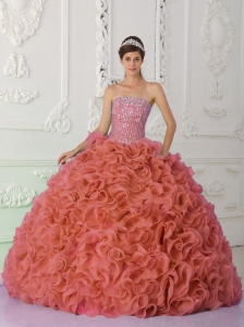 Rust Red Strapless Organza Beading and Puffy Quinceanera Dresses