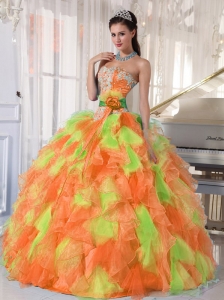 Hand Made Flower and Ruffles Sweetheart Long Cute Quinceanera Dresses