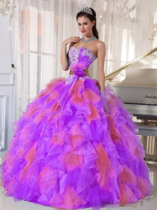 Organza Appliques and Ruffles Sweetheart Discount Quinceanera Dresses in Multi-color