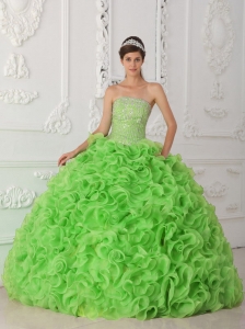 Organza Spring Green Ball Gown Strapless Quinceanera Dresses 2014 with Beading