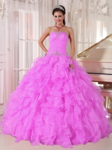 Sweet Ball Gown Strapless Ruffles Organza Beading Lilac Perfect Quinceanera Dresses