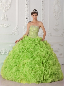 Ball Gown Strapless Organza Yellow Green Popular Quinceanera Dresses with Beading