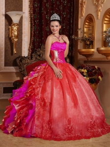 Ball Gown Strapless Ruffles and Beading Embroidery Red Sweet 16 Dresses