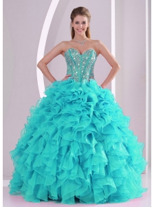 Elegant Aqua Blue Ball Gown Sweetheart Ruffles and Beaded Decorate Sweet 16 Dresses in Sweet