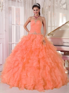 Lovely Orange Ball Gown Strapless Organza Sweet 16 Dresses with Beading and Ruffles