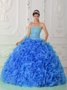 Organza Ball Gown Beaded Royal Blue Discount Quinceanera Dresses with Strapless