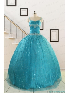 Perfect Spaghetti Straps Appliques Sequins Turquoise Quinceanera Dresses for 2015