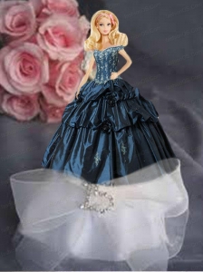 Navy Blue Quinceanera Dress For Quinceanera Doll With Appliques And Hand Made Flowers