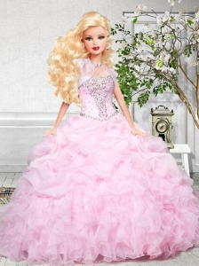 Baby Pink Quinceanera Dress For Quinceanera Doll With Beading And Ruffles