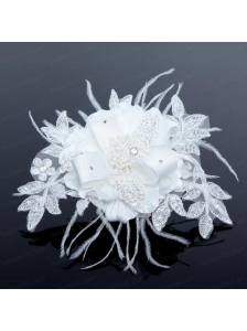 2014 White Pearl Lace and Feather Wedding Hair Flowers