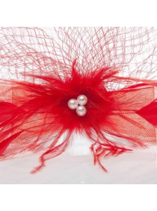 Romantic Red Feather Net Yarn Briadl Hat with Imitation Pearls