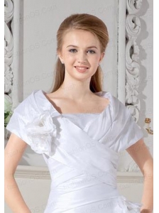 Beautiful White  Short Sleeves Wedding Jacket With Hand Made Flowers
