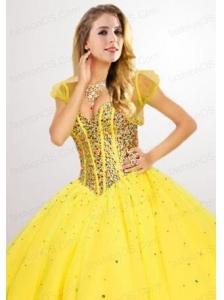 Fashionable Tulle Short Beading Quinceanera Jacket in Yellow