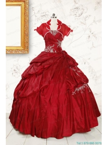 2015 Puffy Appliques Wine Red Remarkable Quinceanera Dresses 