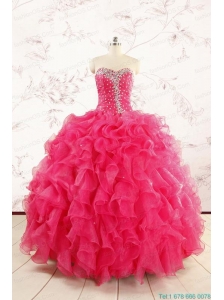 2015 Pretty Beading Sweet 15 Dresses in Hot Pink