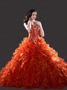 2015 Sweetheart Orange Red Appliques and Ruffles Gowns for Quinceanera