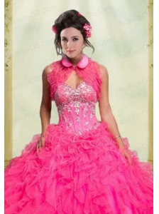 Beautiful Ruffles Organza Button Sleeveless Quinceanera Jacket in Hot Pink