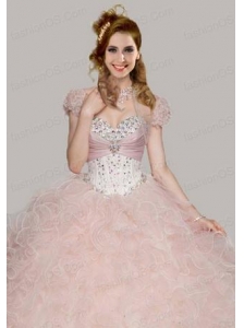 Best Baby Pink Organza Open Front Quinceanera Jacket with Ruffles and Beading