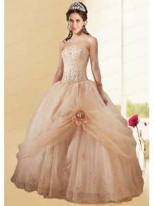Cheap Champagne Quinceanera Dress with Embroidery and Hand Made Flower