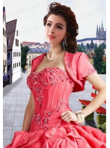 Fashionable Taffeta Appliques and Beading  Watermelon Red Jacket For a Quinceanera
