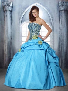New Arrival Strapless Hand Made Flower and Beading Auqa Blue Quinceanera Dress For 2015