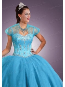 Newest Baby Blue Tulle short Quinceanera Jacket with Beading and Sequins