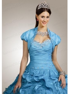 Special Beading and Ruffles Quinceanera Jacket with Ruching in Aqua Blue
